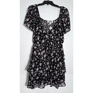 Rowa | Black & Pink Floral V-Neck Mini Dress With Layers size medium